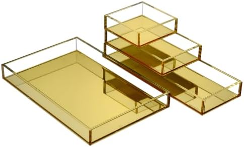 Gold Acrylic Desk Organizer for Office or Home Desk Drawer Dividers, Makeup Vanity Storage Bins, Stackable 4-Pack, Acrylic Accessory and Half Accessory Tray/Small Tray
