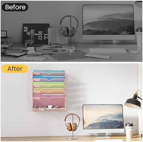 Pink Desk Organizer, Hanging Wall File Organizer with 6 Tiers