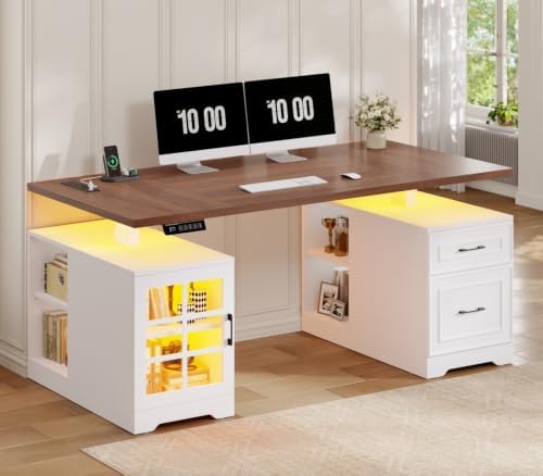 UPOSOJA 63" Farmhouse Electric Standing Desk with Drawers, Storage Shelves