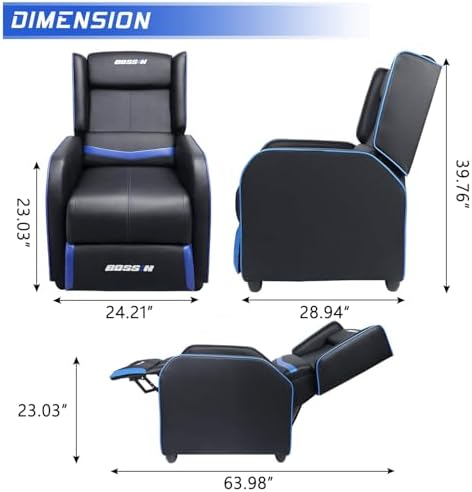 BOSSIN 400lbs Big and Tall Gaming Recliner Chair, PU Leather Seating, Blue