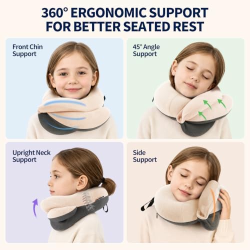 BUYUE Kids Travel Pillows for Airplane, Memory Foam 360° Head Support Sleeping Essentials for Long Flight, Skin-Friendly Soft Neck Pillow for Traveling in Car Seat, (Small, Beige Grey, 40-90 lbs)