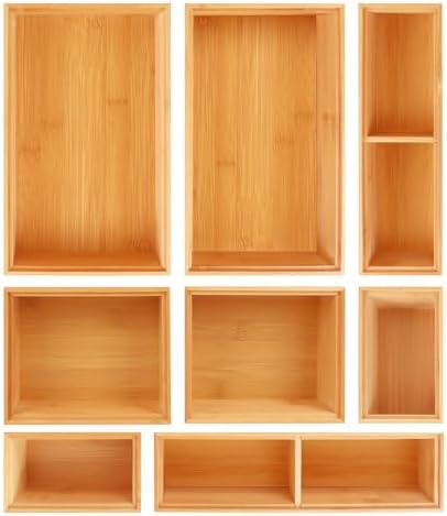 Bamboo Drawer Organizer Set, 8 PCS Multi-Use Wood Drawer Storage Boxes, Junk Drawer Organizer Divider Bins for Kitchen, Bathroom, Office Desk, Makeup, Jewelry, Utensils