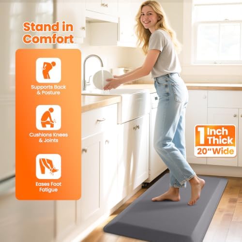 1-Inch Thick Anti-Fatigue Mat for Kitchen and Standing Desk, 20"x32", Grey