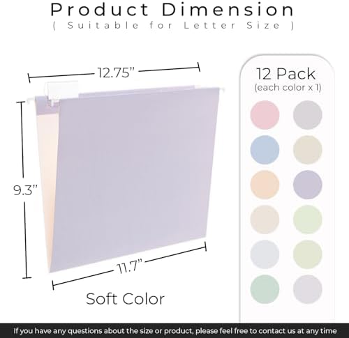Y YOMA 12 Pack Colored Hanging File Folders Letter Size Decorative Hanging Folder Cute Pretty File Folderfor Filing Cabinet Drawer Office Home with 1/5-Cut Adjustable Tabs, Soft Color