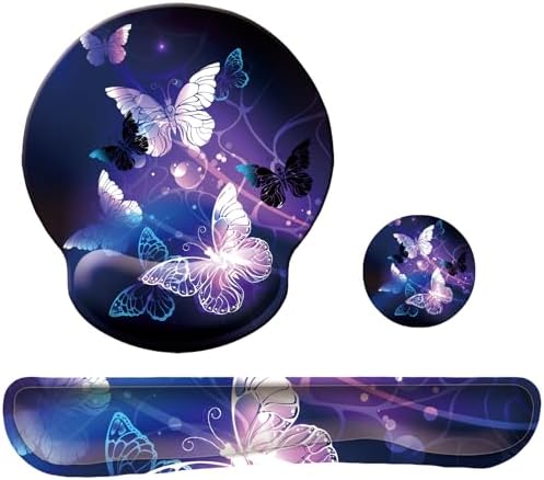 Keyboard Wrist Rest Pad Mouse Pad with Wrist Support Set of 3, Mousepad with Non-Slip Rubber Base, Ergonomic Memory Foam Mouse Wrist Cushion Support for Home Office Laptop Computer Gaming, Butterfly