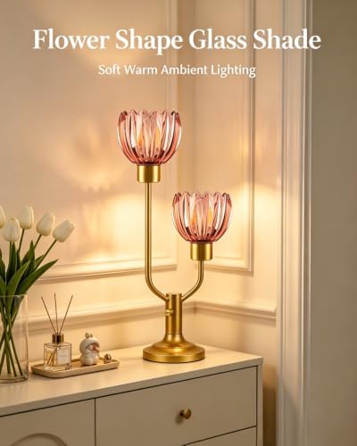 Lightdot Flower Table Lamp Dimmable Vintage Pink Glass Lamp Bulbs Included