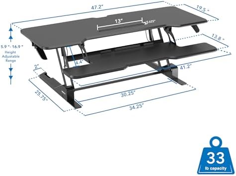 Mount-It! 47" Standing Desk Converter, XL Desktop Sit-Stand Desk Riser with Gas Spring Height Adjustment, Wide Desk Topper for Dual Monitors or Monitor & Laptop, Keyboard Tray, Black