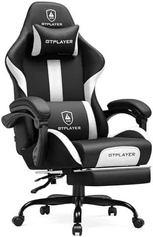 GTPLAYER Gaming Chair with Pocket Spring Cushion, Leather Office Chair with Ergonomic High Back & Lumbar Support for Back Pain Relief, Computer Game Chair for Adults, White/Black