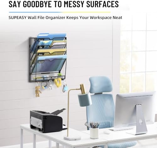SUPEASY 5-Tier Wall File Organizer with Hooks, Wall Mounted Mail Organizer