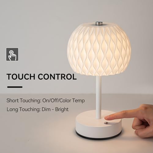 Battery Operated Small Table Lamp, 3 Color Temperatures, Rechargeable, Touch Control, Dimmable Desk Lamp, Cordless LED Night Light for Bedroom Patio Camping Restaurant Home, 9.5 in Height, White