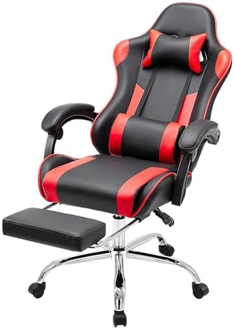 NEWBULIG Computer Gaming Desk Chair - High Back Ergonomic Lumbar Support with Footrest and Headrest, Comfy PU Leather Recliner with Linkage Armrest, Height Adjustable and 360° Swivel, Red