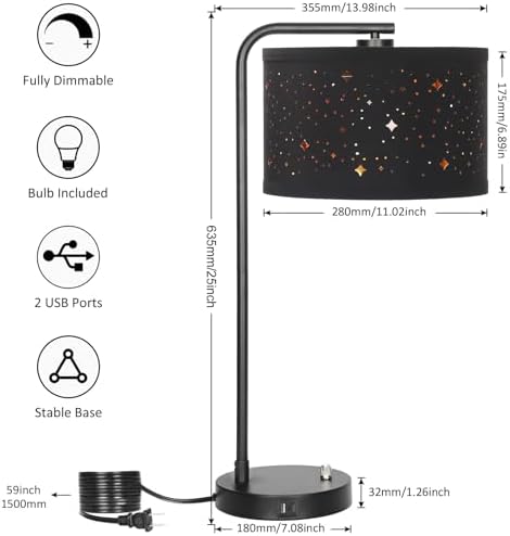Bedside Table Lamp with USB C+A Ports, 25" Tall Fully Dimmable Side Lamp