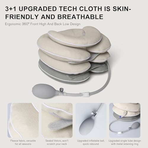 Neck Stretcher with Brace - Inflatable Cervical Traction Device for Neck Pain Relief, Adjustable Neck Support Pillow and Decompression Tool with 3+1 Chin Rest, Portable for Home, Office & Travel Use