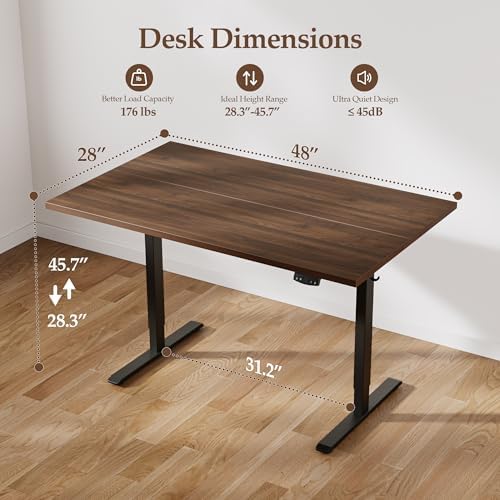 Klicelor 48 x 28 Electric Standing Desk, Sit Stand Up Home Office Desk, Height Adjustable Deep Cumputer Table with Memory Presets and Hooks, Two Pieces, Dark Walnut