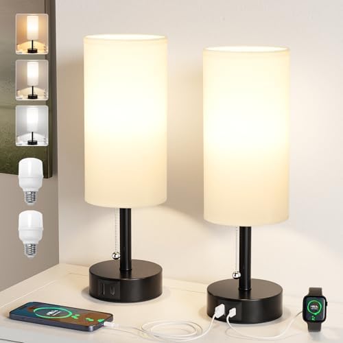 Fenmzee White Bedside Table Lamps Set of 2 - Bedroom Lamp for Desk, USB C+A