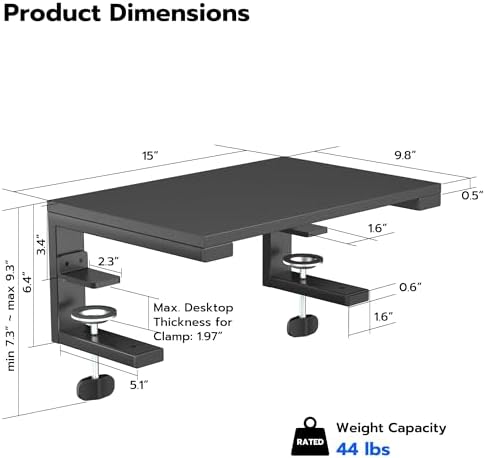 ARES WING Clamp-On Desk Extender Monitor Shelf, 15x9.8 up to 44lbs