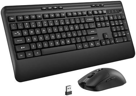 KOPJIPPOM Wireless Keyboard and Mouse Set with Quiet Keys, 2.4G Full Size Ergonomic Keyboard with Wrist Rest, Protective Covers, Soft Touch Silent Design for Windows, Computer, PC and Laptop