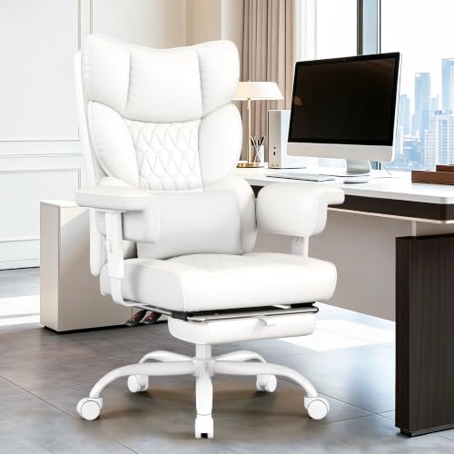 Misolant Big and Tall Office Chair with Footrest, High Back Executive Desk Chair with Adjustable Lift Armrest, 155°Recline，Lumbar Support Pillow, Faux Leather Gaming Chairs for Home All White