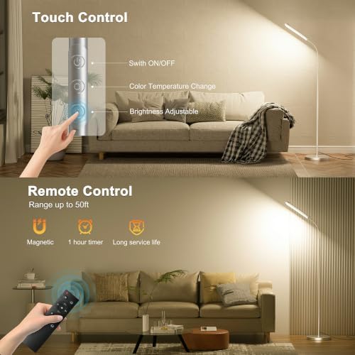 Yikuneng Dimmable LED Floor Lamp, Super Bright Reading Lamps Floor Standing lamp with Remote & Touch Control, Stepless Dimming & 2700K-6500K Color Temperature, for Living Room Bedroom Office, Silver