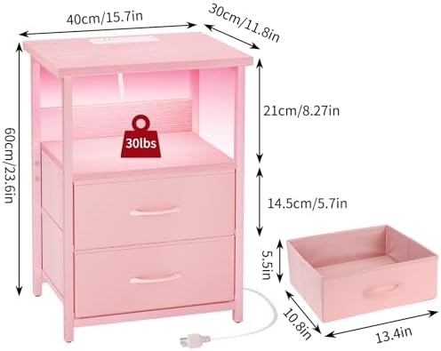 Fixwal Night Stand with Charging Station, Led Nightstand, Pink, 2 Drawers