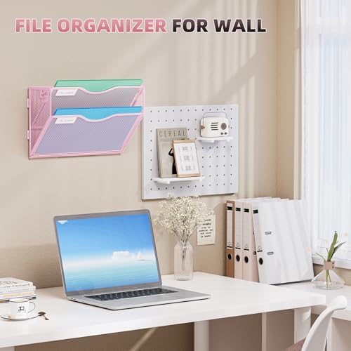 Marbrasse Wall File Holder 2-Tier Hanging Wall File Organizer, Mesh Mail Holder for Papers, Wall Mount File Clipboard & Magazine Organizer Great for Office Home - 2P(Pink)