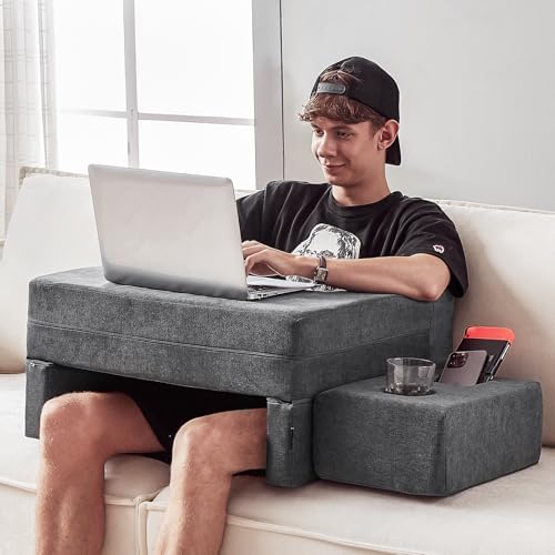 comehealthy Lap Desk Pillow for Laptop, Large Reading Pillow for Adult, Arm Rest Pillow with Cup Holder, Memory Foam Bed Desk for Working, Gaming, Reading, Laptop Desk for Couch Bed Floor(Grey)