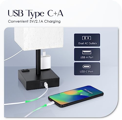 Bedside Table Lamps Set of 2 - Touch Nightstand Lamp for Bedroom with USB C+A Charging Ports & AC Outlets, 3-Way Dimmable Desk Lamp Flaxen Fabric Shade for Living Room Office(Bulb Included)