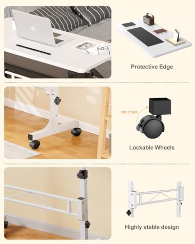 Amztabler Small Standing Desk Adjustable Height, Mobile Stand Up Desk with Wheels, 32 Inch Portable Rolling Desks Conference Room Tables for Walking Pad Treadmill White