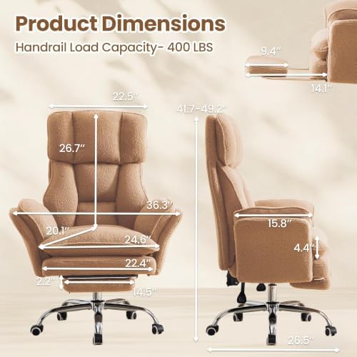 Big and Tall Office Chair with Flip Arms and Footrest, Teddy Criss Cross Legged Home Office Desk Chair with Pet Seat, Comfy Reclining Computer Gaming Chair, Khaki