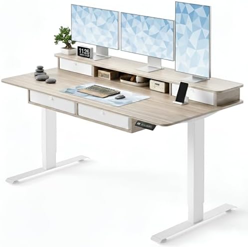 CubiCubi 60" x 30" Standing Electric Desk with Drawers, Light Rustic Brown