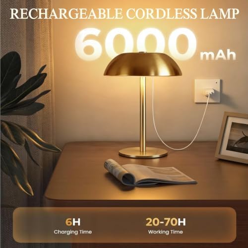 2 Pack Portable LED Mushroom Table Lamp, 12H Cordless Metal Night Light with Rechargeable Battery, Stepless Dimmable 3 Colors Desk Lamp for Bedroom Bar Coffee Shop(Brushed Gold)