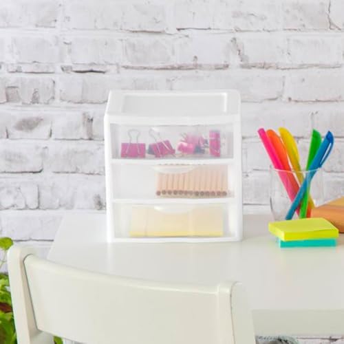 Sterilite Clearview Plastic Multipurpose Small 3 Drawer Desktop Storage Organization Unit for Home, Classrooms, or Office Spaces, White, (Pack of 6)