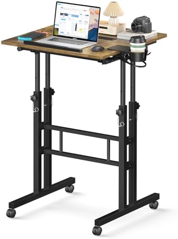Enayplon Small Standing Desk with Wheels, Mobile Stand Up Desk, Portable Standing Table on Wheels for Walking Pad, Rolling Computer Desk Adjustable Height, Tall Table