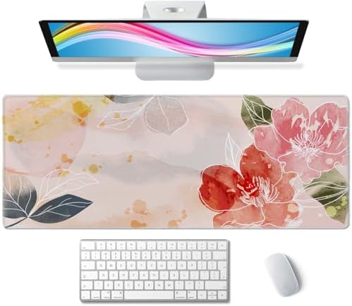 Desk Mat Watercolor Floral Desk Accessories Girls Extended Gaming Mouse Desk Pad Decorations for Women Office Keyboard Mousepad Mat 31.5x11.8in, Stitched Edge Non-Slip Bottom Large Mouse Pad for Desk