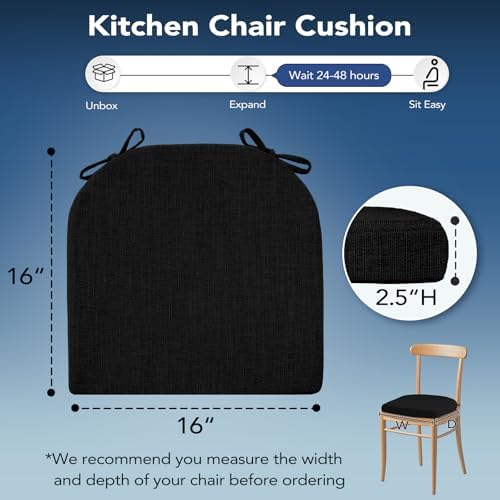 Chair Cushions for Dining Chairs, Non Slip Chair Pads with Ties and Washable Covers, Memory Foam Kitchen Chair Cushions Set of 8, 16"X16"X2.5", Black