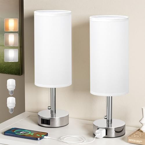 Silver Bedside Table Lamps Set of 2 - Bedroom Lamp for Desk, AC Outlet