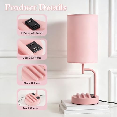 Dreamholder Touch Control USB Table Lamp with USB C/A & AC Outlet, 3-Way Dimmable Bedside Lamp, Modern Nightstand Lamps for Bedroom Living Room Guest Room Office, Bulb Included, Pink