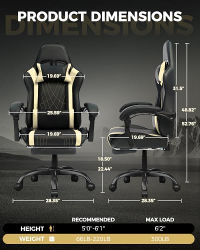 LUCKRACER Gaming Chair with Footrest, Pocket Spring Seat, 90°-135° Reclining Computer Chair with Linkage Armrests, Lumbar Support, Height Adjustment, SGS-Tested Gas Lift, 330 lbs Capacity, Yellow