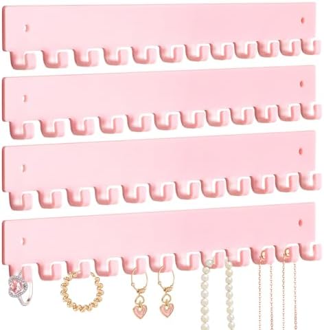 Acrylic Necklace Holder 4 Pack Wall Mounted Necklace Organizer Hanging Jewelry Organizer with 12 Hooks for Necklaces, Bracelets, Rings and Bangles Display Pink