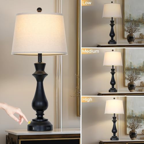 Modern Black Table Lamp for Living Room,30" Tall Bedside Lamp with USB Charging Port,3-Way Dimmable Touch Nightstand Lamp for Bedroom Desk Side Table Office,Black-1P