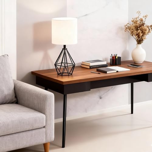 Small Table Lamp Set of 2 Black, Bedside Lamps with White Fabric Shade, Cute Desk Lamp with Metal Cage & Linen Lampshade, Modern Nightstand Lamp for Bedroom, Living Room, Kids Room, Office