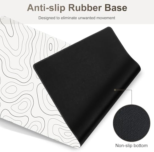 Gaming Mouse Pad Keyboard Wrist Support, 4 in1 Mousepad with Wrist Keyboard Rest, Computer Desk Mat, Non-Slip Desk Pad Protector with Memory Foam Easy Typing Pain Relief I White Topographic