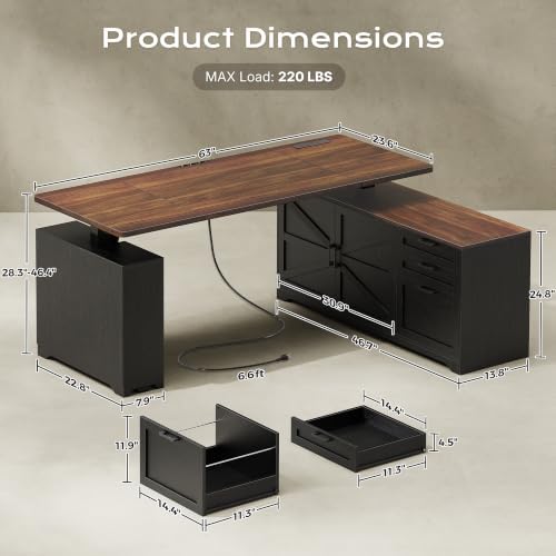 PRAISUN 63'' Farmhouse L Shaped Standing Desk with Outlets and Drawers