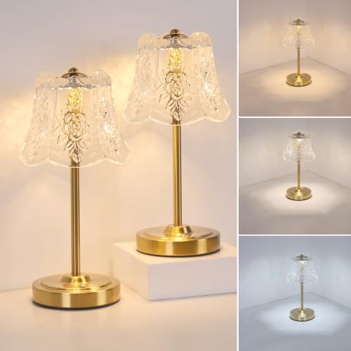 Shenmoyl Set of 2 Cordless Touch Table Lamp with 5200mAh Battery - 3 Adjustable Color Temperatures & Dimmable, Rechargeable Lamp for Bedsides, Living Room, Entryway, Bookshelves (Transparent Rose)