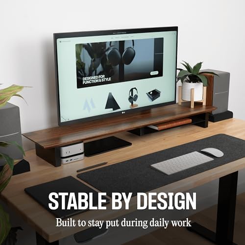 COREMINDED Solid Wood Dual Monitor Stand Riser, 42 Inch Walnut Desk Shelf