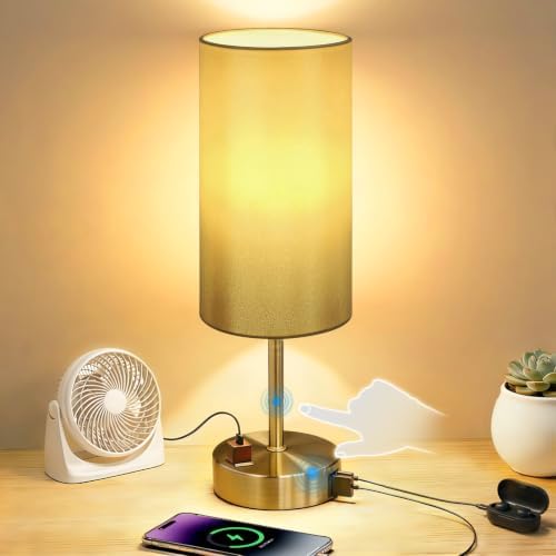 Bedside Table Lamp, Dimmable Touch, AC Outlet, USB A+C (Gold)