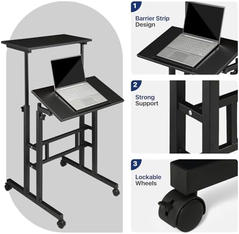 Height Adjustable Rolling Laptop Stand Table, 28-46 in for Young and Adults, Tiltable Keyboard Tray and Locking Casters for Home and Office