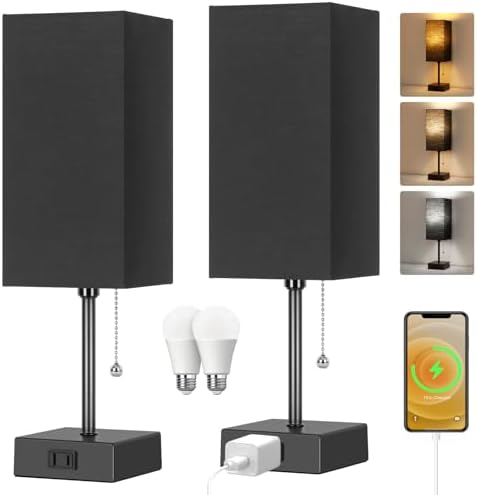 Table Lamp for Bedroom set of 2,3-Color Bedside Lamps with Pull Chain