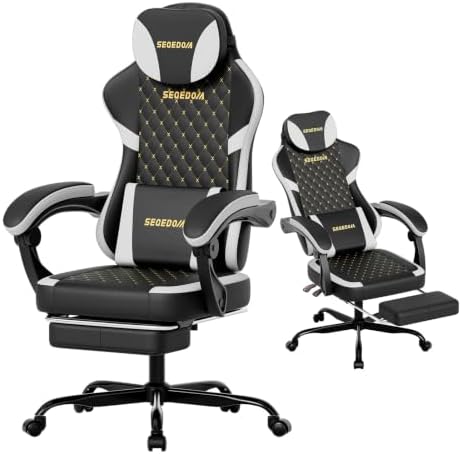Ergonomic Gaming Chair with Footrest & Massage Lumbar Pillow, Height Adjustable 360° Swivel Computer Chair, Linked Armrest & Headrest for Office Gaming (Black White)