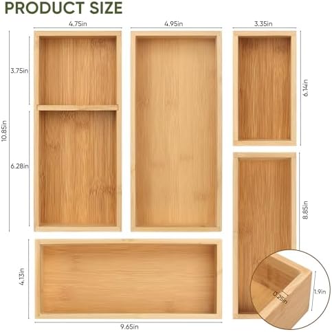 Vincona Bamboo Drawer Organizers Set, 5-Piece Multi-Use Wood Storage Organizers, Desk Drawer Tray for Kitchen, Bathroom, Office, Dresser, Bamboo Box Bin for Jewelry, Makeup, Junk, Gadgets